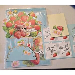 3D Pop Up Greeting Card Strawberry Teacup Flower Birthday, Easter, Thank you